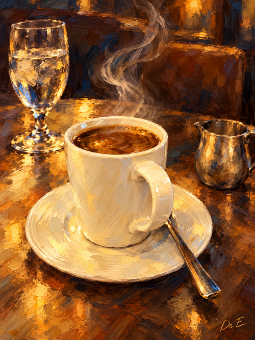 Amber Reverie by Dr. E: coffee still life with textured golden brushwork, curling steam, and blue accents.
