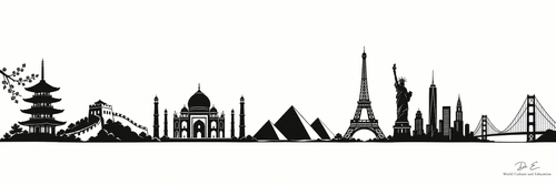 Black-and-white world landmark silhouette panorama with Dr. E World Culture and Education signature.