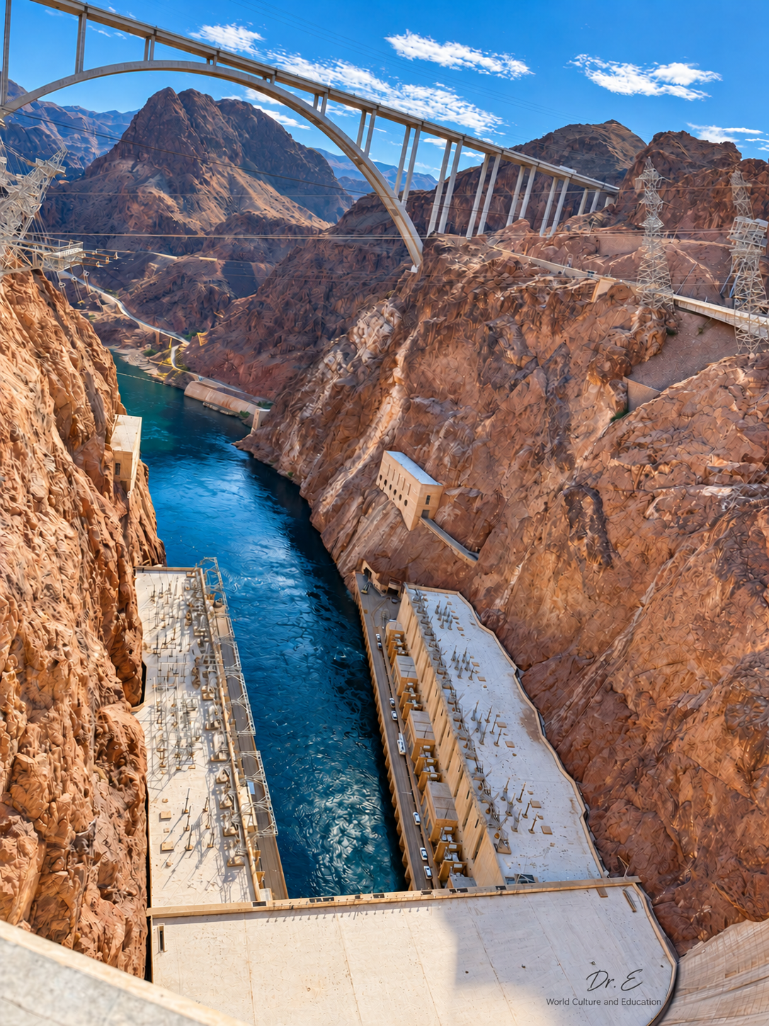 Hoover Dam bridge and blue river, signed Dr. E World Culture and Education