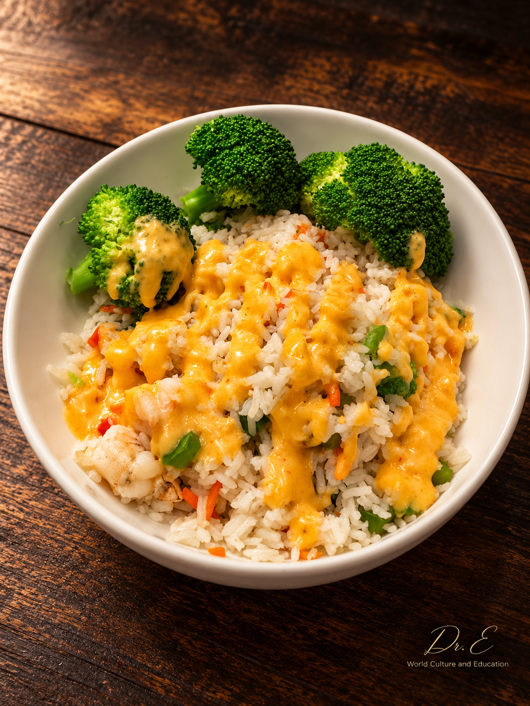 A vibrant rice-and-broccoli bowl with golden sauce, warm lighting, and a rustic wood setting. Signed Dr. E World Culture and Education.