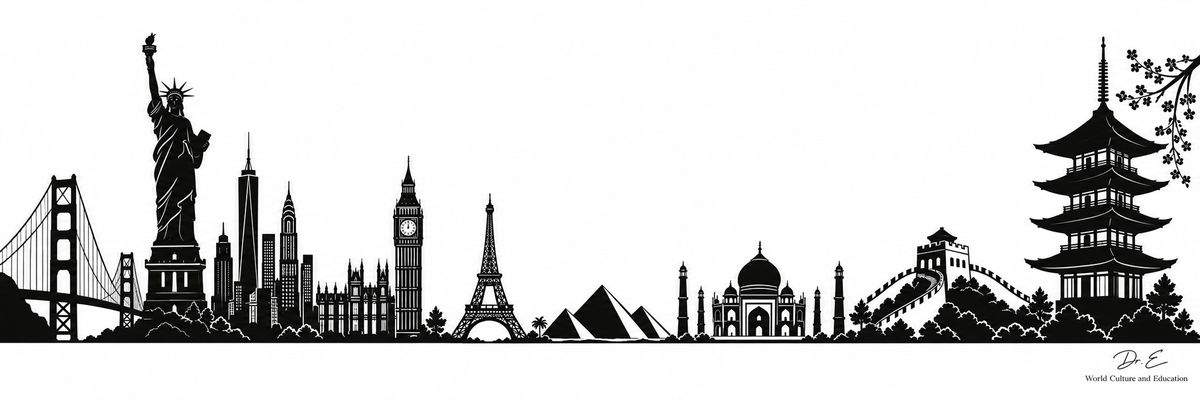 Black-and-white world silhouette panorama with tall American and Japanese landmarks at both ends and a lower center, signed Dr. E World Culture and Education.