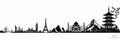 Black-and-white world silhouette panorama rising toward a tall Japanese pagoda on the right, signed Dr. E World Culture and Education.