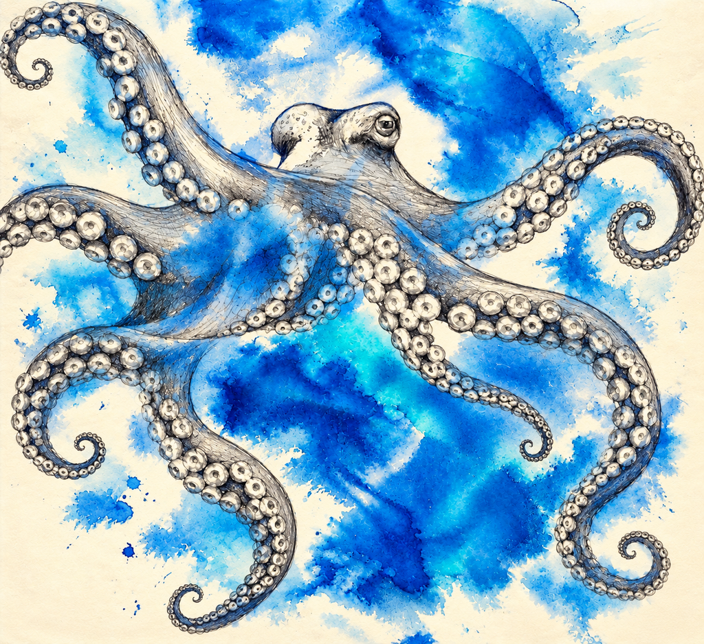 Azure Octopus Dance by Dr. E, flowing tentacles in graphite with blue and turquoise watercolor