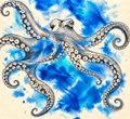 Azure Octopus Dance by Dr. E, flowing tentacles in graphite with blue and turquoise watercolor