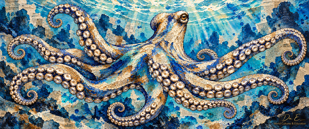 Panoramic mixed-media octopus with newspaper collage, blue ink lines and shimmering azure water by Dr. E