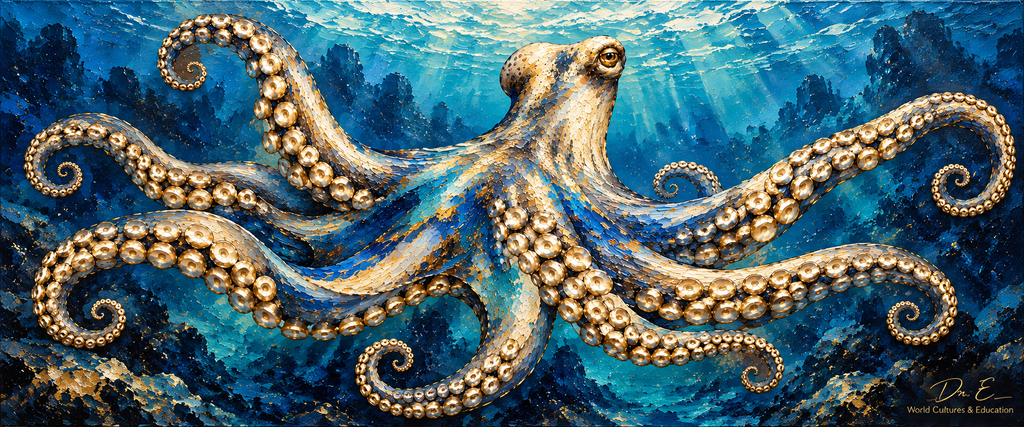 Panoramic oil-style octopus with visible neck, flowing arms, bold blue and gold brushwork and deep-sea light by Dr. E