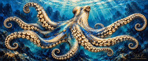 Panoramic oil-style octopus with visible neck, flowing arms, bold blue and gold brushwork and deep-sea light by Dr. E