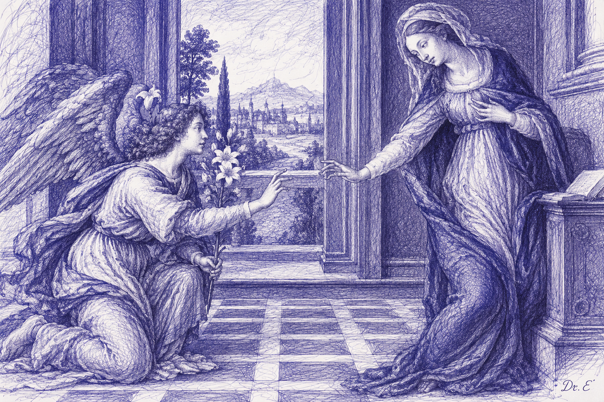 Cestello Annunciation in blue-violet scribble art, signed Dr. E