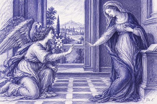 Cestello Annunciation in blue-violet scribble art, signed Dr. E