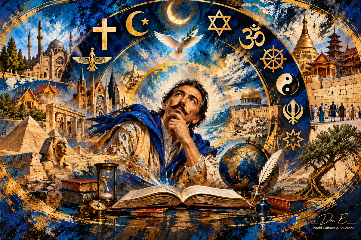 Signed Interfaith Reflections mixed-media surreal artwork, panel six of twelve