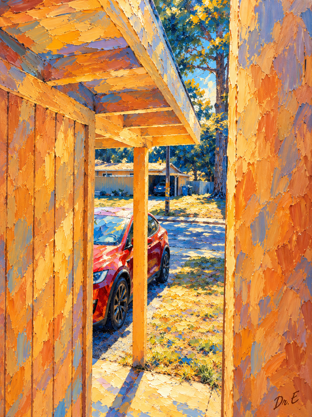 Signed Dr. E painting of a red car framed by a golden wooden porch, with rich impasto textures and blue shadows.