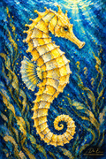 Golden Seahorse by Dr. E, vertical mixed-media artwork with newspaper collage, blue ink and bold yellow brushwork against deep blue water