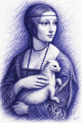 Lady with an Ermine reinterpreted in blue-violet scribble art, signed Dr. E