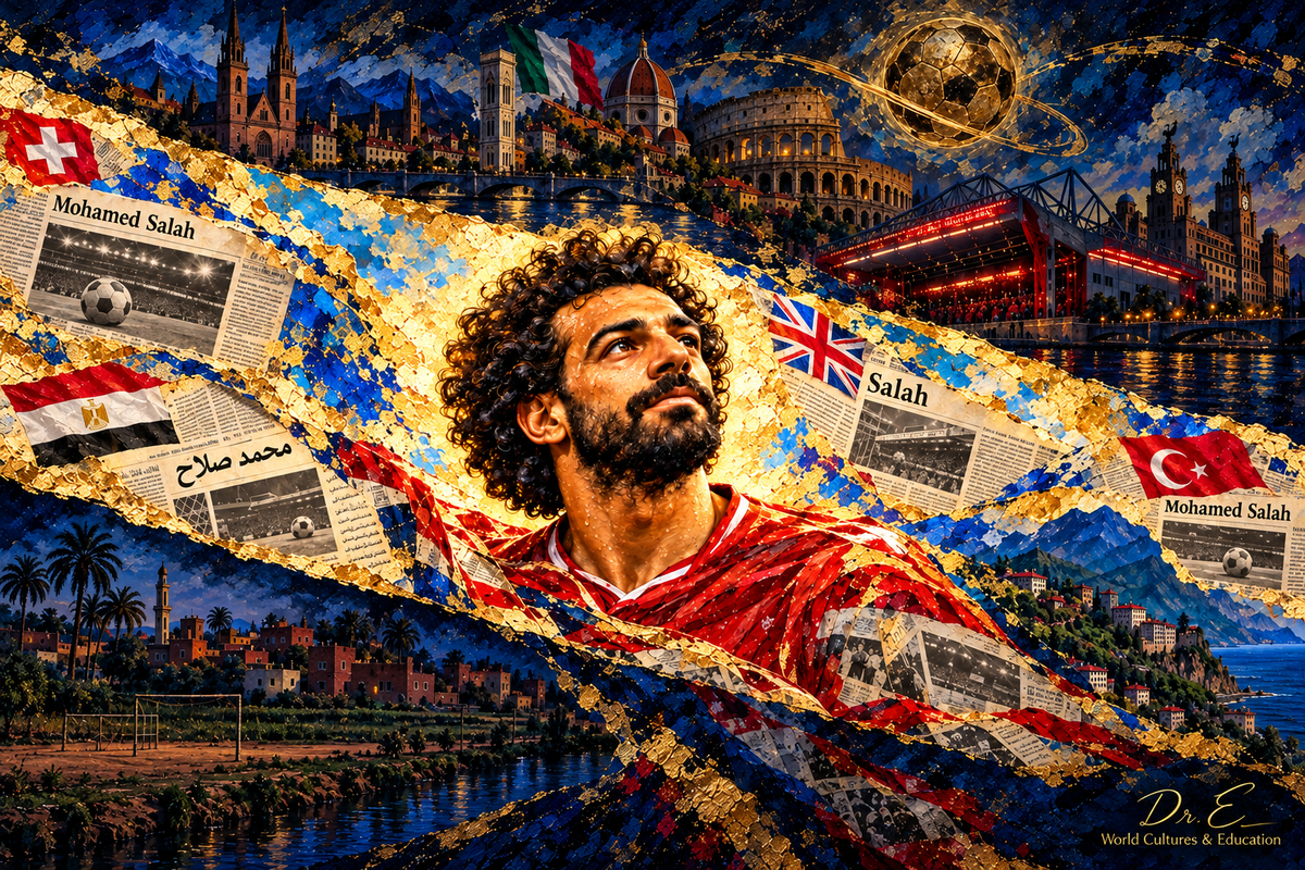 Mohamed Salah mixed-media portrait by Dr. E, luminous diagonal center between dark blue bands, career landmarks, flags and newspaper collage