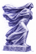 Blue-violet scribble artwork inspired by Mahmoud Mokhtar’s Khamasin — The Desert Wind, signed Dr. E