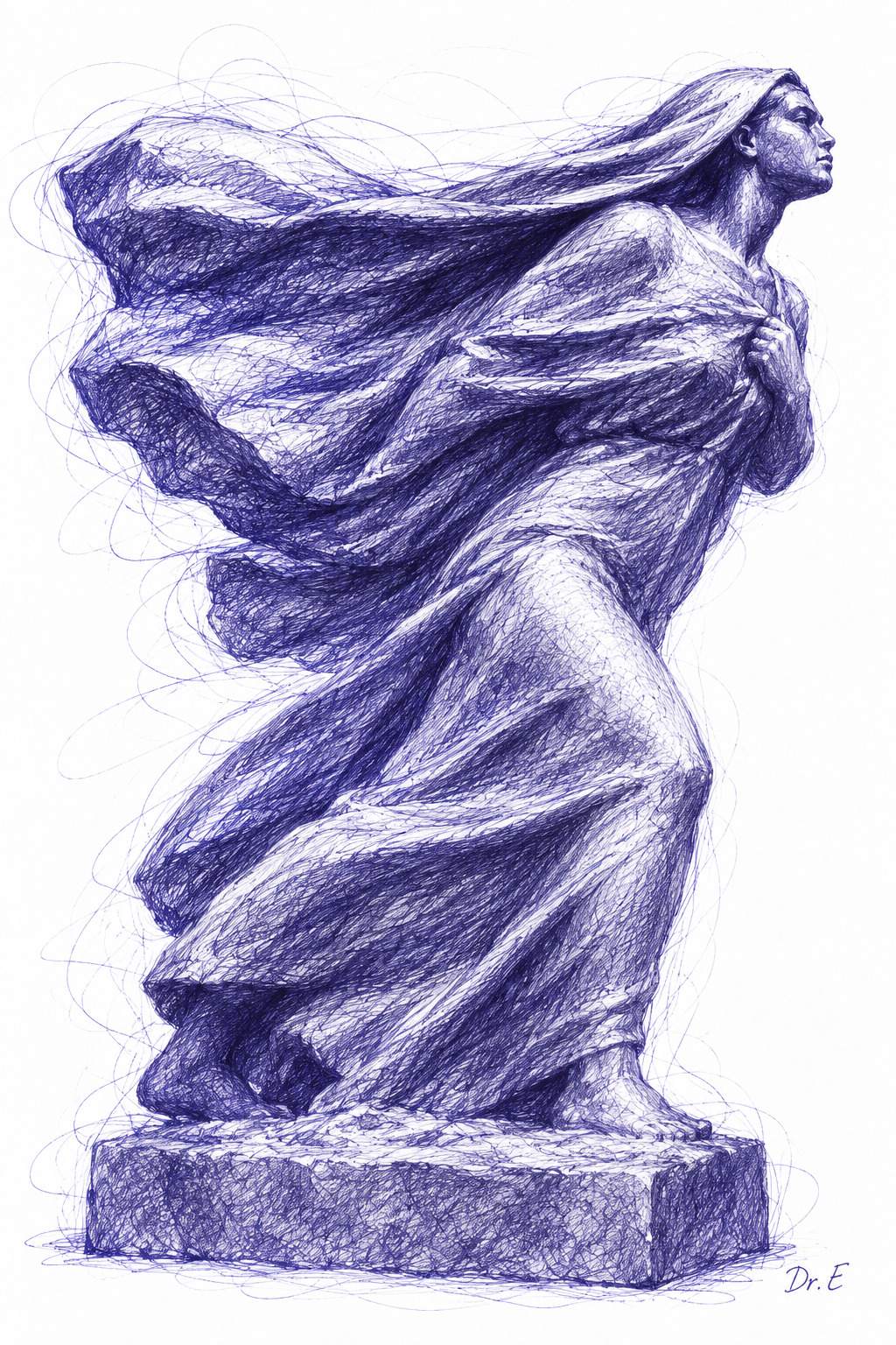 Blue-violet scribble artwork inspired by Mahmoud Mokhtar’s Khamasin — The Desert Wind, signed Dr. E
