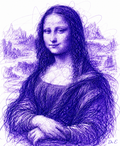 Mona Lisa reinterpretation in blue-violet scribbled pen style, signed Dr. E at the bottom right