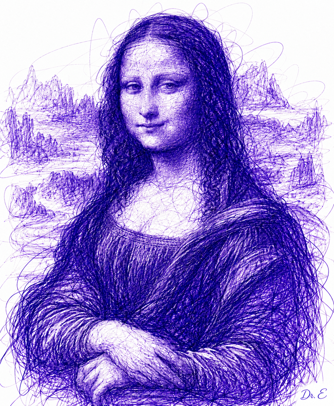 Mona Lisa reinterpretation in blue-violet scribbled pen style, signed Dr. E at the bottom right