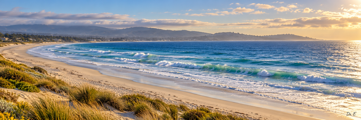 Wide Monterey Bay inspired beach panorama with turquoise waves, golden coastal light, dune grasses, and Dr. E signature.