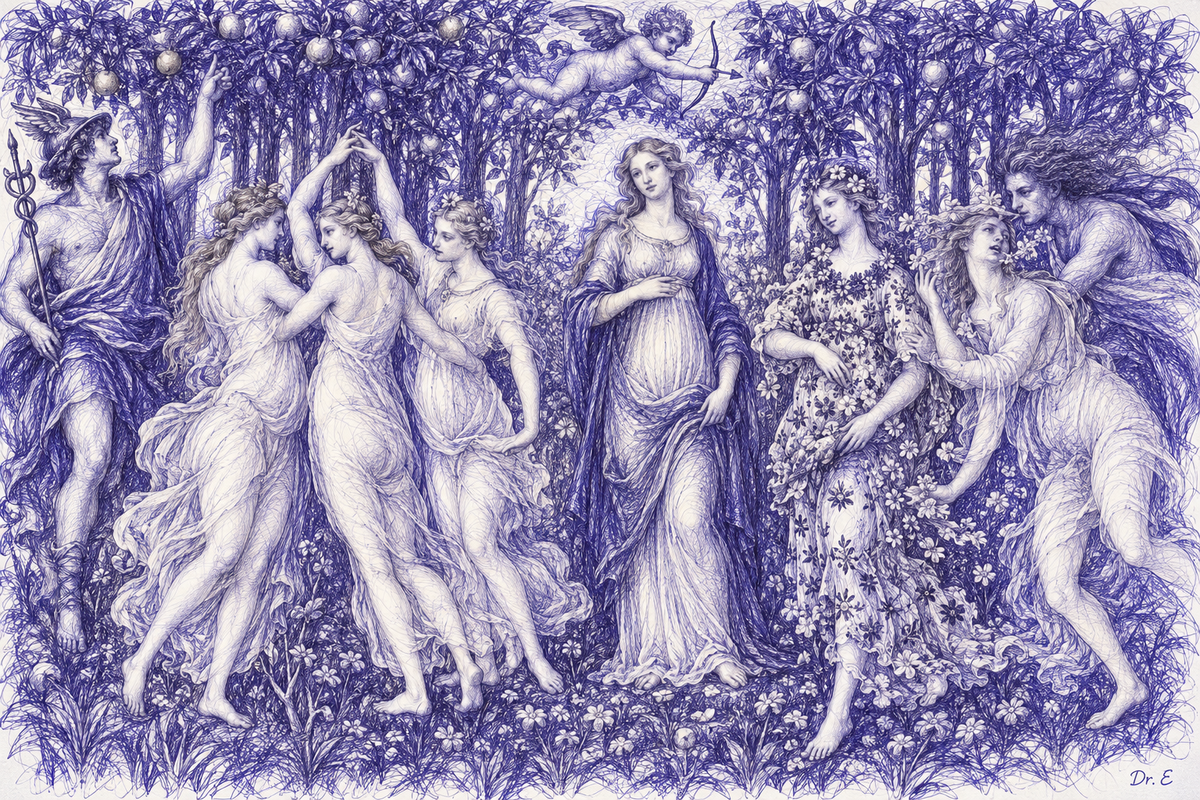 Primavera reinterpreted in blue-violet scribble art, signed Dr. E