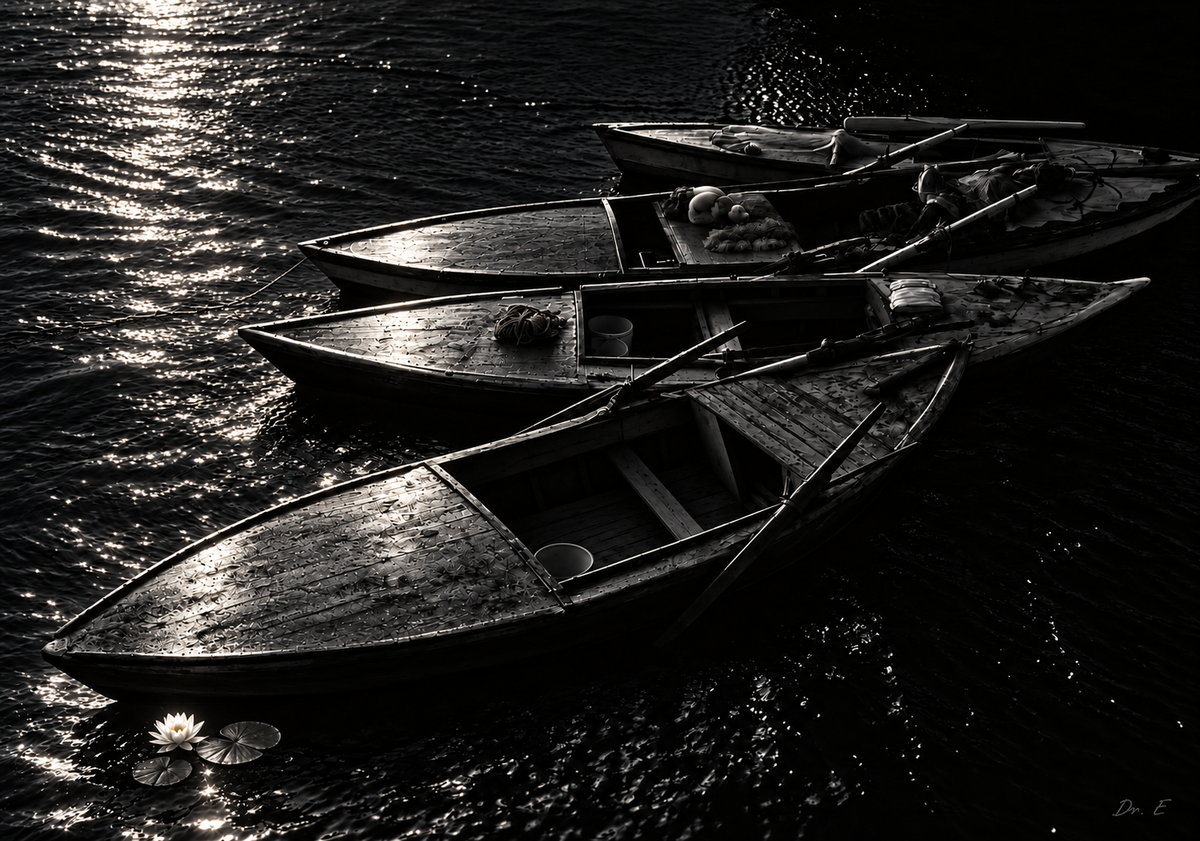 Empty wooden boats and a floating lotus in deep black shadows with brilliant silver moonlight, signed Dr. E.