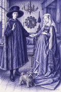 The Arnolfini Portrait reinterpreted in blue-violet scribble art, signed Dr. E