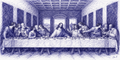 The Last Supper reinterpreted in blue-violet scribble art, signed Dr. E
