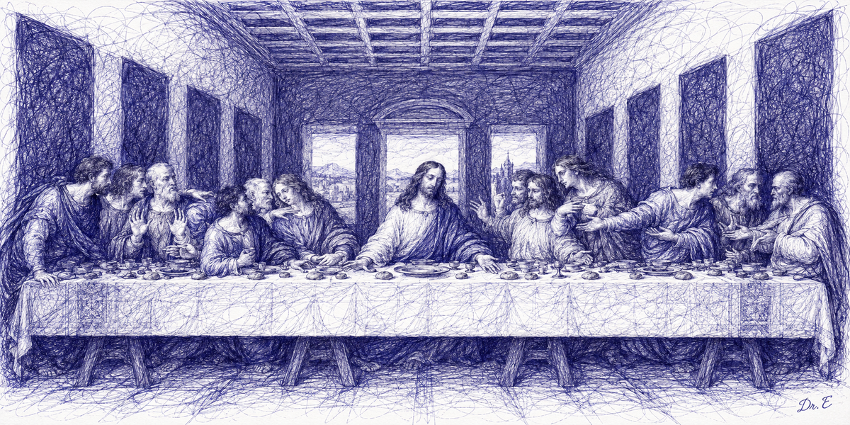The Last Supper reinterpreted in blue-violet scribble art, signed Dr. E