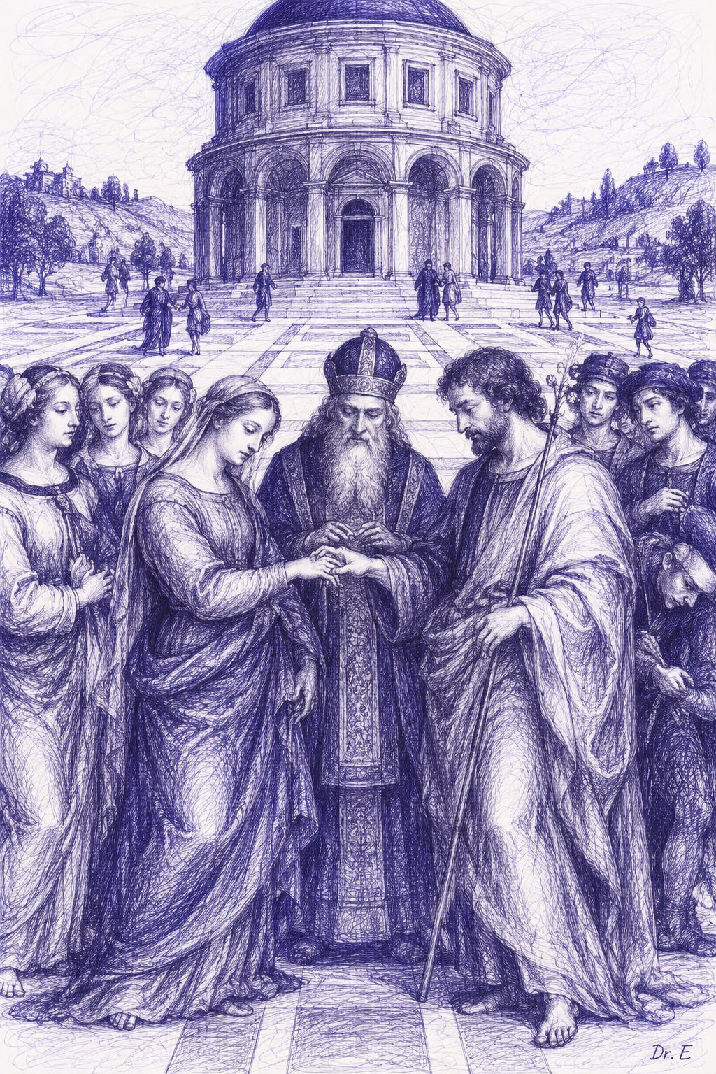 The Marriage of the Virgin reinterpreted in blue-violet scribble art, signed Dr. E